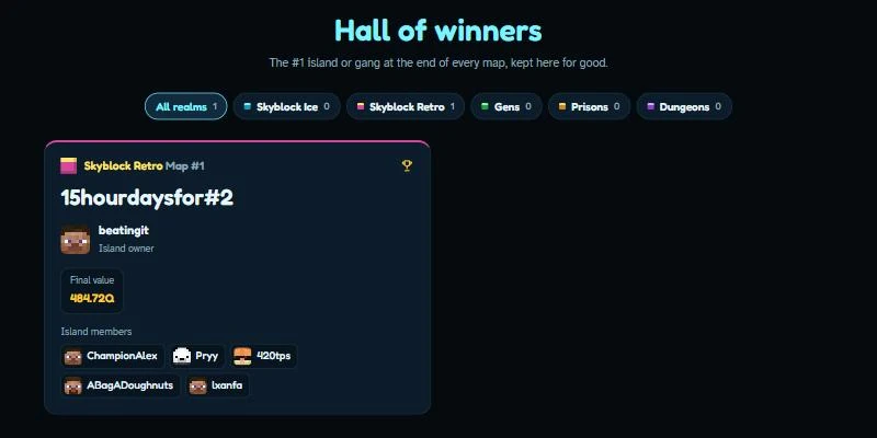 The winners page with the Skyblock Retro Map #1 winning island